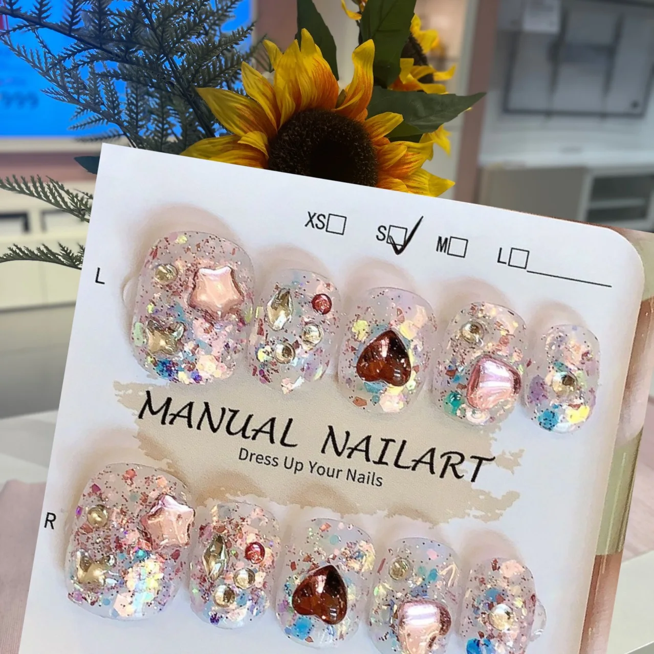 

10pcs Spring/Summer Fake Nails - Loving Cat Eyes Pink Glitter Heart & Sparkle Designs - Perfect for Women/Girls All Environments