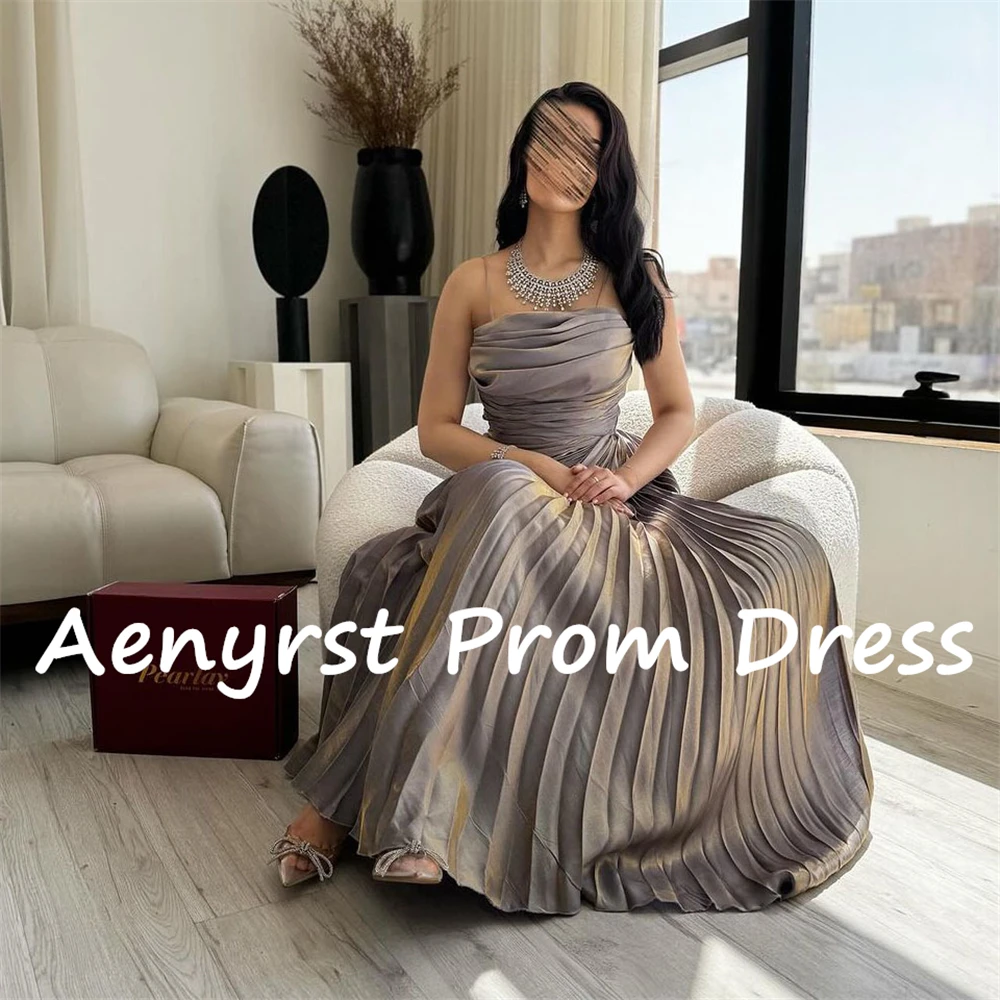 Aenyrst Saudita Strapless Plissado Prom Vestidos A Linha de Cetim Vestidos de Noite Formais Mulheres personalizadas Tornozelo Comprimento Dinner