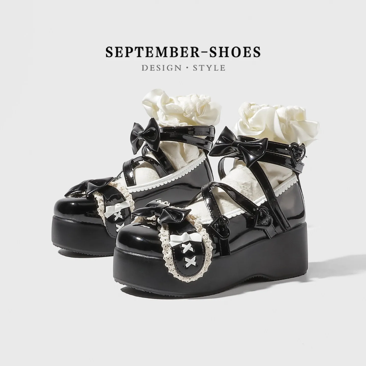 Sweet Lolita Platform Shoes Women Multi Bow Lace Trim Cross Strap Chunky Thick Sole French Style Jk Cosplay Patent Leather Shoes