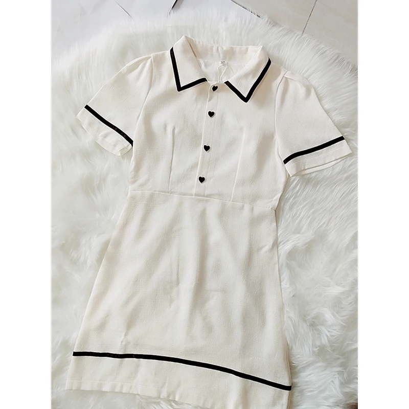 Y2K Women Dress Elegant Short Sleeve Preppy Style Polo Collar Clash Mini Dress Cute Fashion Female Chic Clothing 2024 New Summer