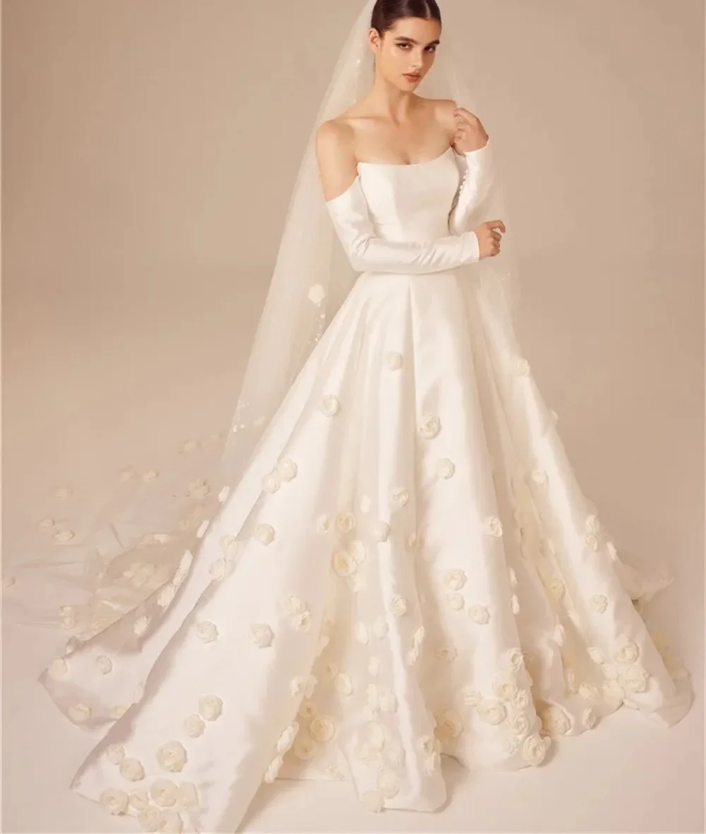 Classic Princess Wedding Dresse 2026 Strapless 3D Flowers Satin Court Train Church Bridal Gowns Bride Dress New Arrival Vestidos