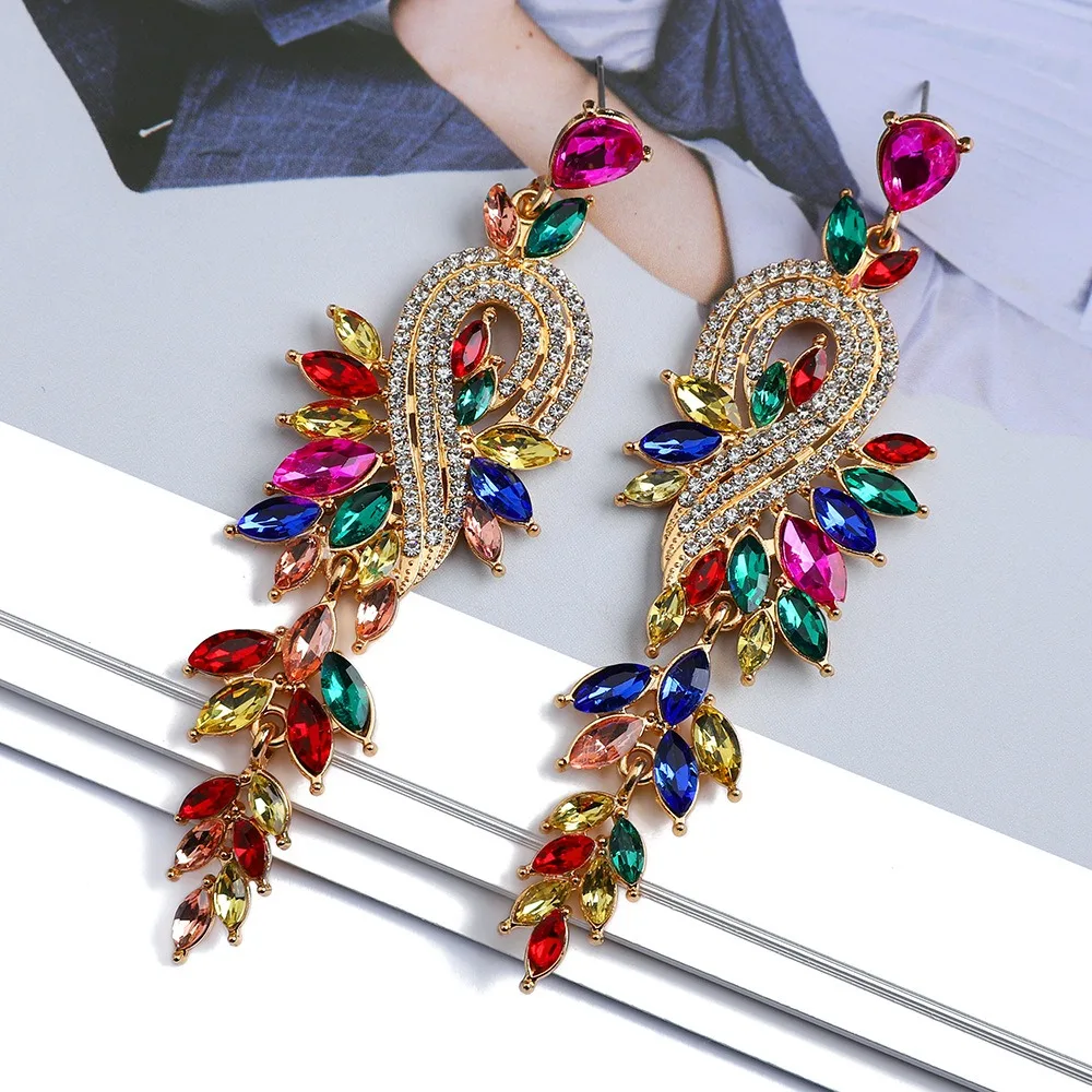 fashion leaf note colored crystal long hanging jewellery for girls earrings women retro light luxury exquisite Ladies\' earings
