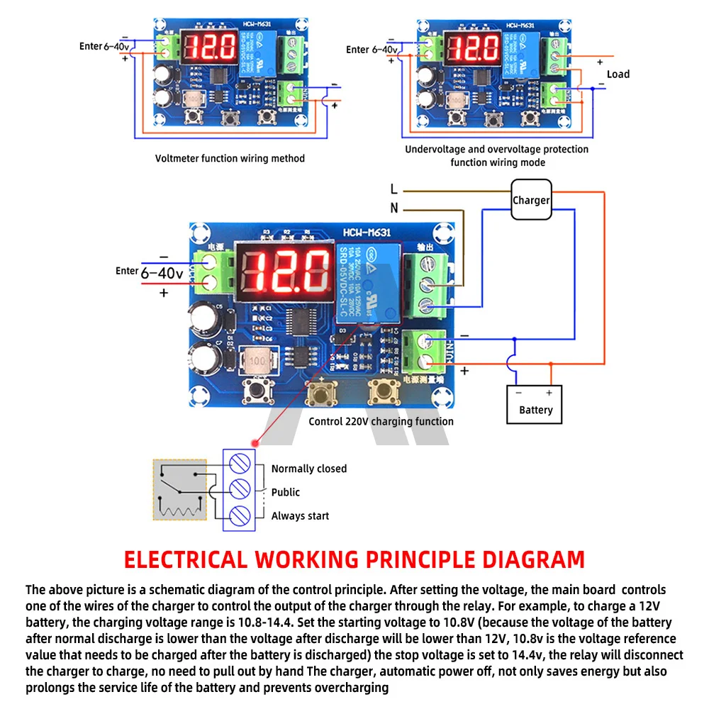 XH-M608 módulo de descarga de carga da bateria DC6-40V integrado voltímetro subtensão proteção sobretensão relé saída