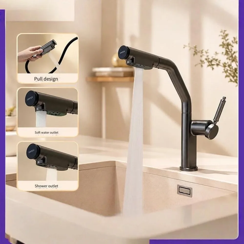 Faucet Wash Basin Gun Gray Pull-out Type Household Toilet Counter Basin Bathroom Faucet Hot and Cold