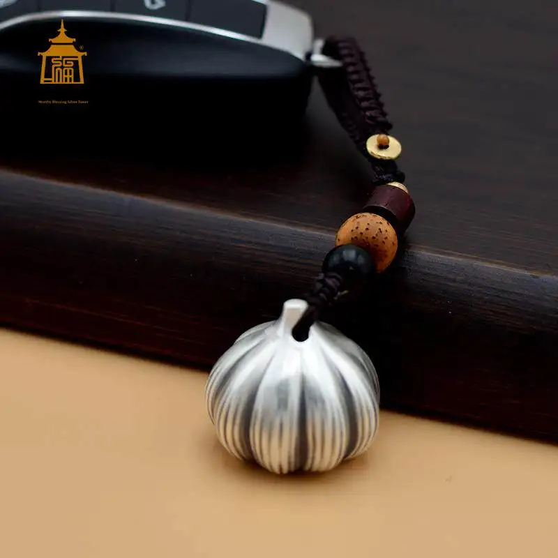 999 Sterling Silver Garlic Pendant, Rotatable, Success Charm, Key & Phone Decor