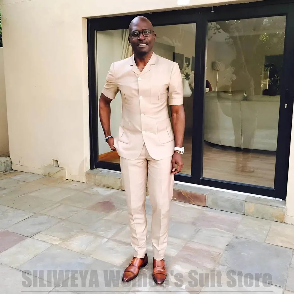 Men Short Sleeve Suit Set Notched Lapel Multiple Pockets 2 Pieces Jacket Pants Formal Wedding Party Business Casual Outfit