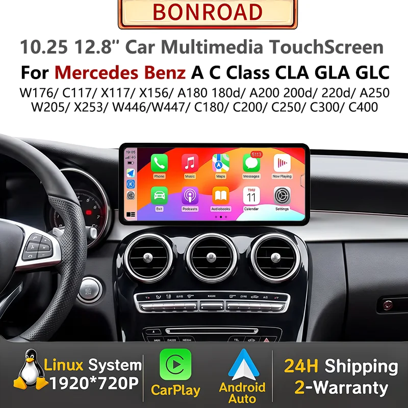 Bonroad 10.25/ 12.8'' Wireless CarPlay Android Auto Multimedia Display For Mercedes Benz A C Class W176 W205 CLA C117 GLA X156 GLC X253 W447