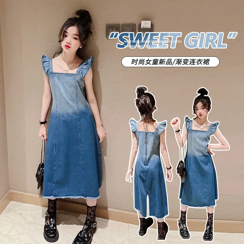 

Teen Girls Denim Dress 2023 Summer New Small Flying Sleeves Ragged Edge Dress Gradient Strap Long Dress