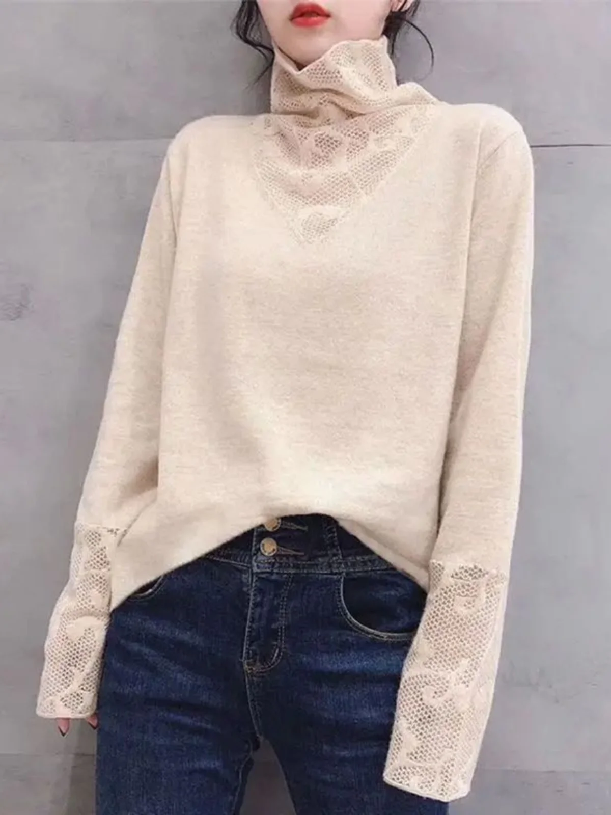 

High Ne Lace Patchwork Base irt Женская уличная облегающая длинная свеская весенняя футболка с высоким воротником в стиле пэчворк