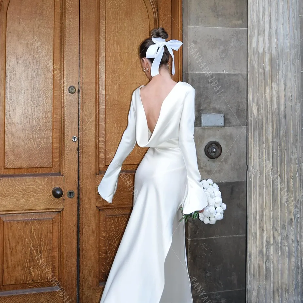 Customized Soft Satin Backless Wedding Dress High Side Split Ankle Length Bridal Party Dress Long Sleeve Chic Bridal Gown