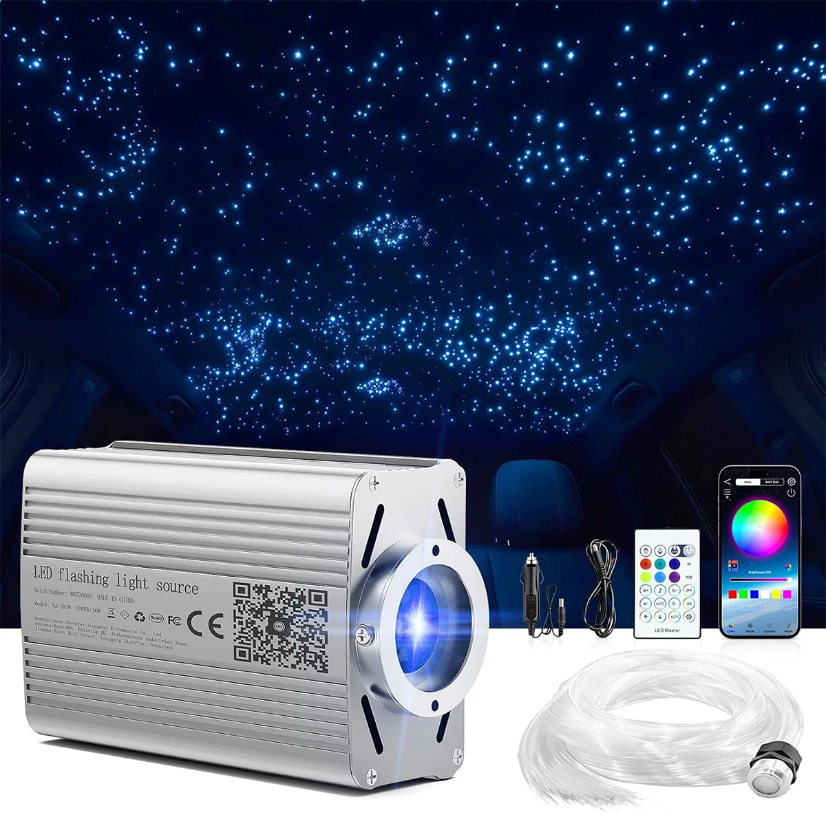 16W Car Starlight Headliner Kit,12V Sound‑Activated 1200 Mixed Fiber Strands(0.01in 800pcs+0.02in 400pcs),Roof Ambient Lights with APP & Remote Control,Auto Color Changing for Most Car Models,Professional Installation Required