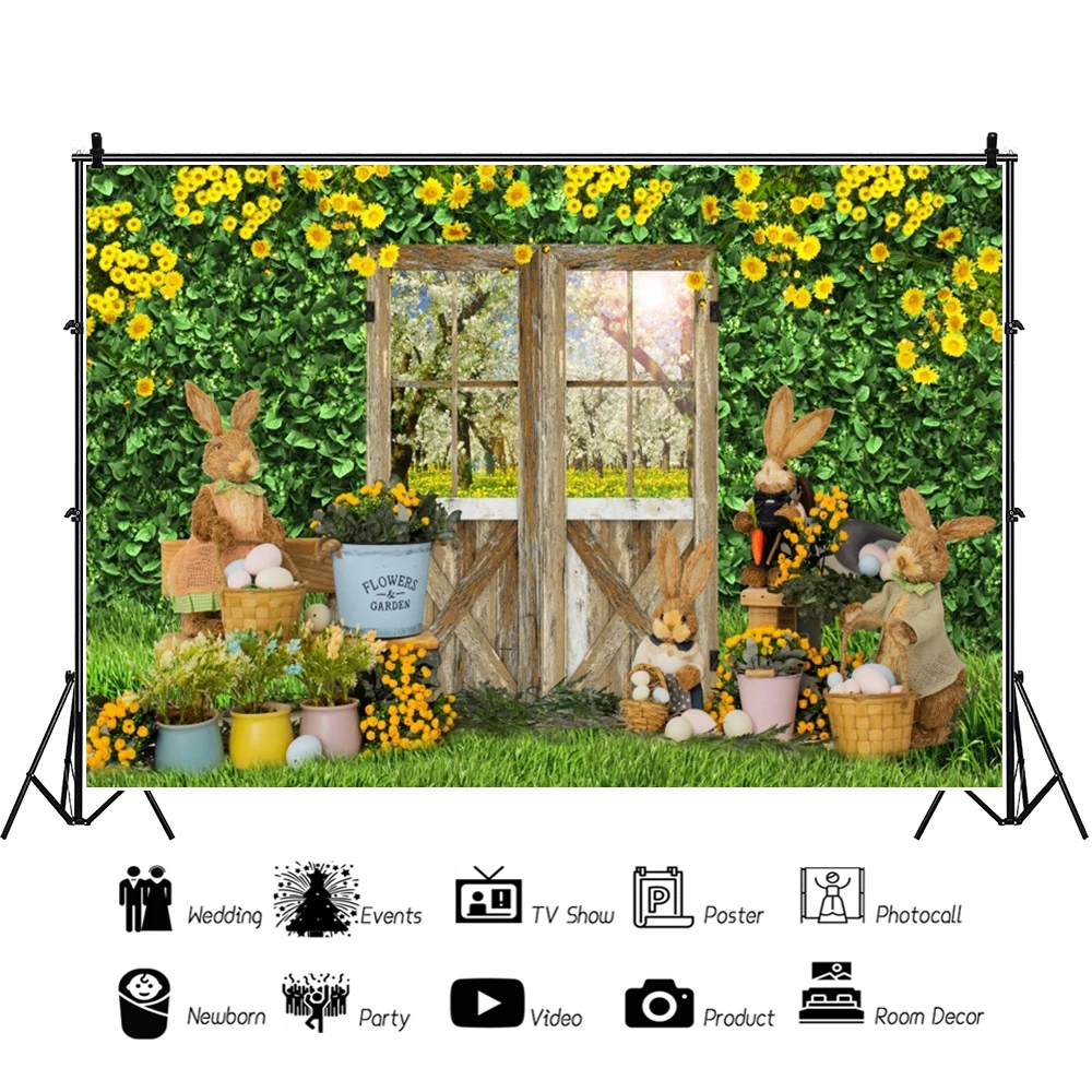 

Spring Easter Garden Photography Backdrop Easter Colorful Eggs Bunny Flower Meadow Wood Door Background Baby Portrait Banner
