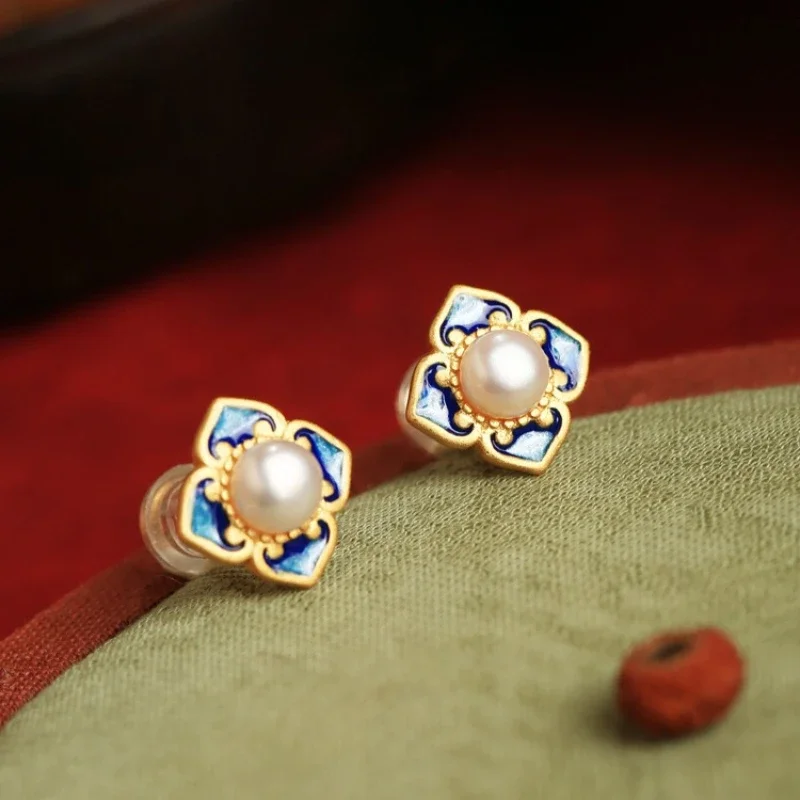 

Chinese Style Selected Pearl Silver Gold-plated Enamel Cloisonn É Four in One Ruyi Women Earrings Palace Retro Selected Jewelry