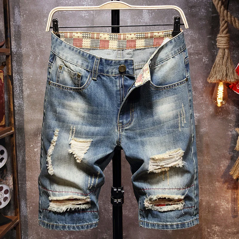 

Men's Summer Cotton Half Length Shorts Patchwork Denim Pants Graffiti Painted Streetwear Stacked Hole Jeans Ripped Short Jeans