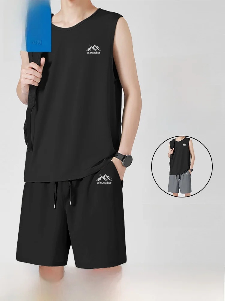 

Мужской спортивный комплект Jeanswest: дышащий жилет и шорты из ледяного шелка для бега, летний, молодежный, повседневный, быстросохнущий