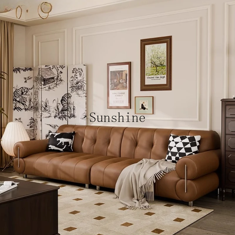 

French retro cloud puff sofa living room first layer cowhide leather sofa