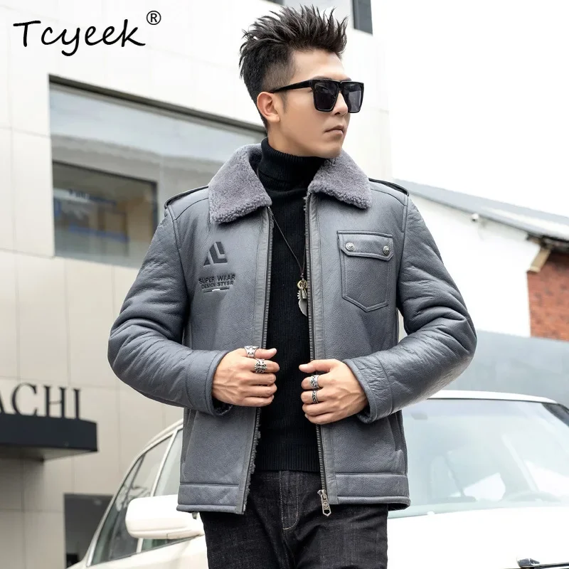 Tcyeek หนังแกะจริงขนสัตว์ CoatsMotocycle แจ็คเก็ตของแท้หนังแจ็คเก็ตขนสัตว์ธรรมชาติผู้ชายฤดูหนาวเสื้อผ้าМуж