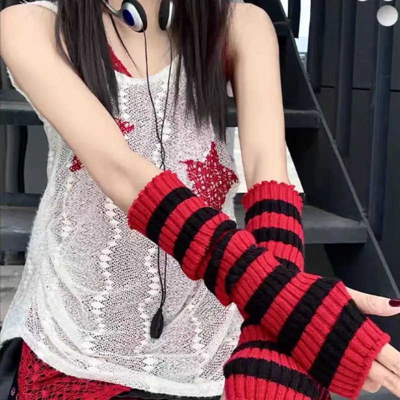 

Y2K Striped Half-finger Knitted Arm Sleeves Autumn Winter Fingerless Harajuku Arm Warmers Elbow Mittens Arm Sleeves 2024