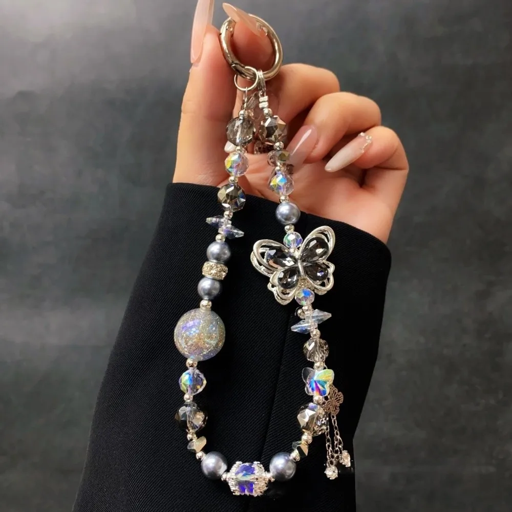 

Butterfly Crystal Bead Phone Strap Pearl Anti Loss Cell Phone Chain Sparkling Handheld Mobile Phone Lanyard