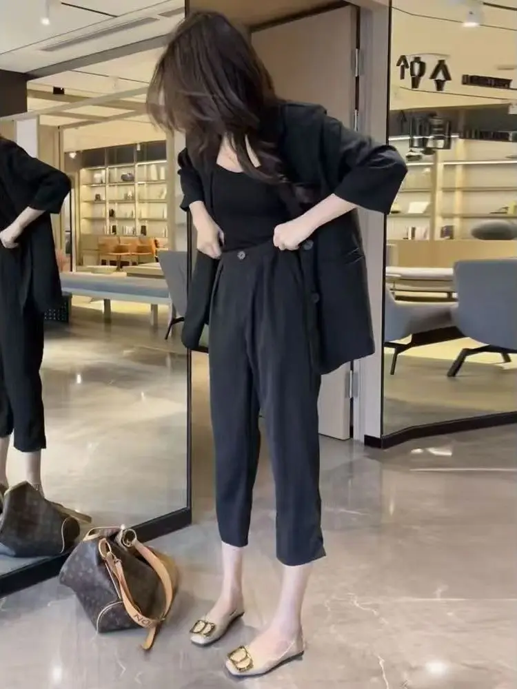 

Модный профессиональный женский костюм с брюками и жакетом, приталенный комплект из двух предметов, полиэстер, осенняя одежда