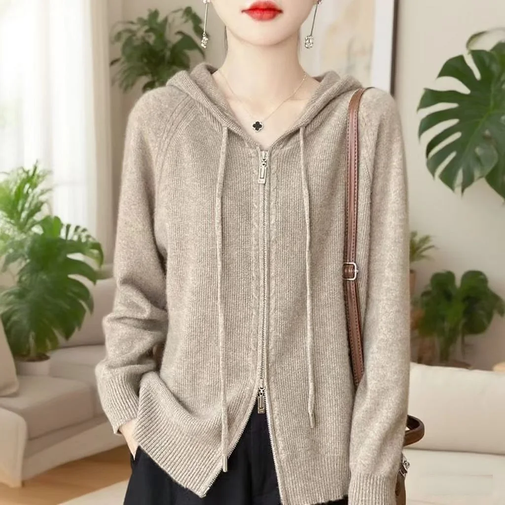 

New Style Women Zipper Hooded Cardigan 100% Merino Wool Sweater Casual Cashmere Sweater Autumn Winter Woman Knitted Top Clothes