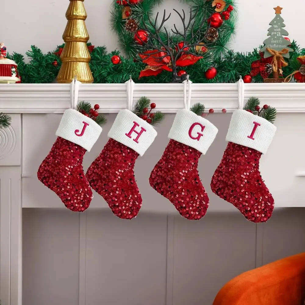 9 Inches Initial Monogram Christmas Stocking Glitter Sequins Small Christmas Stocking Embroidered with Velvet