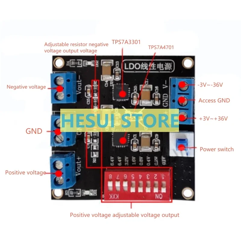 TPS7A4701 TPS7A3301 ultra-low ripple positive and negative linear power supply uV ripple DC voltage regulator module