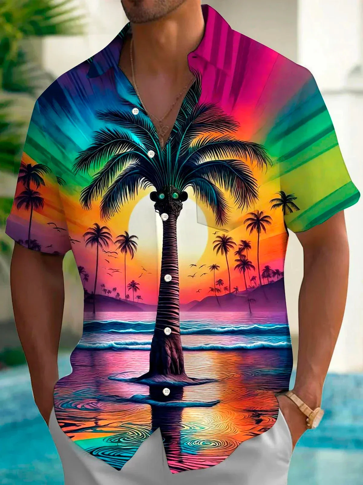Hawaiian Casual Polyester Shirt, Men, Short Sleeve, Colorful, Surfing, Palm, AMP, Summer