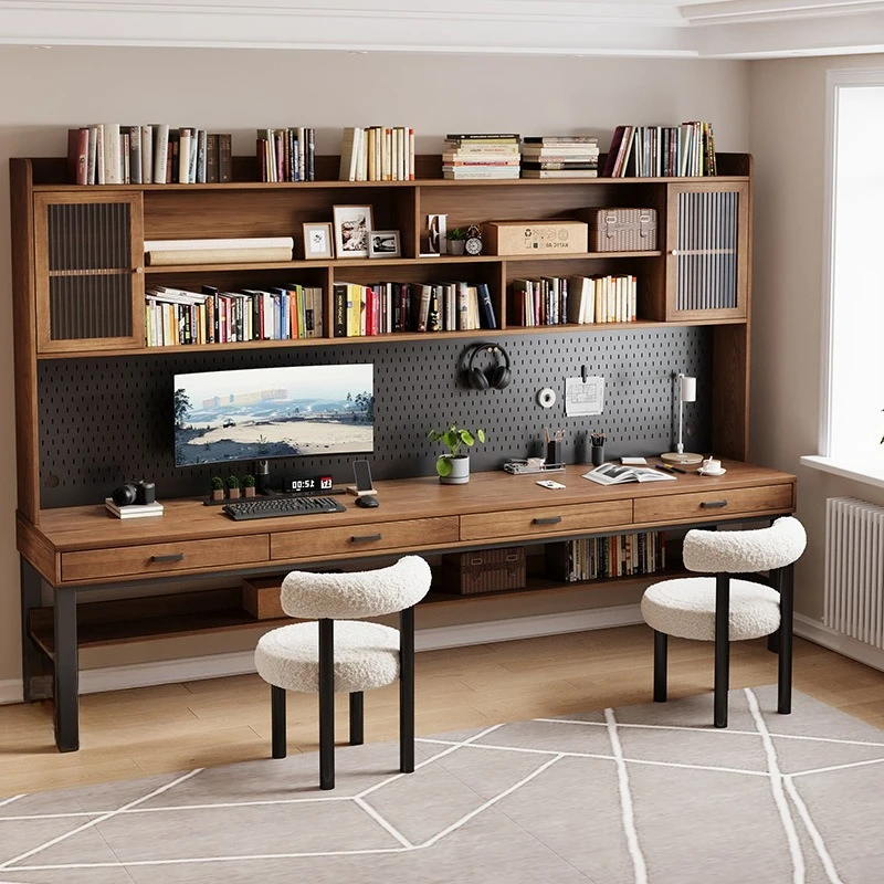 Solid wood study table with drawers, long table, computer table, desk, bookcase, hole board integrated