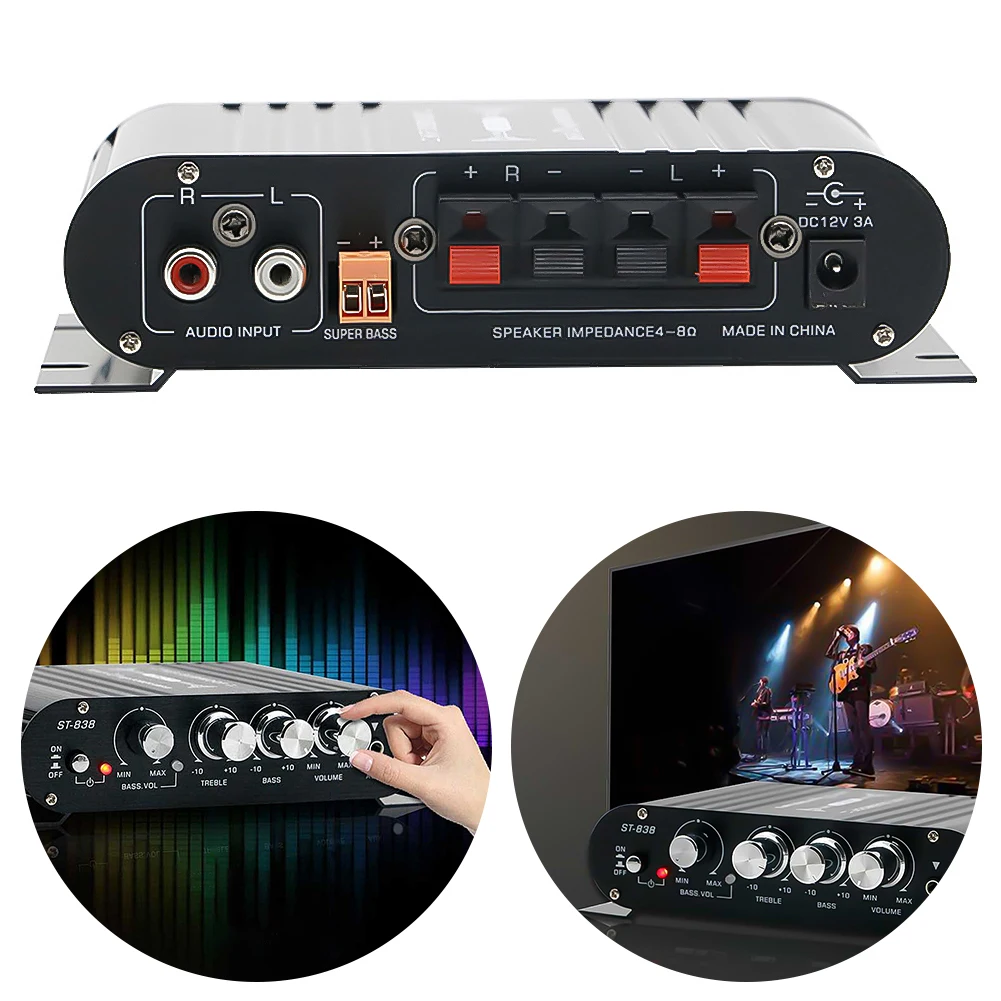 ST-838 HiFi 2.1 Channel Power Amplifier Bass and Treble Adjustment 80W*2 Stereo Bass Sound Amp Black Car Home Amp