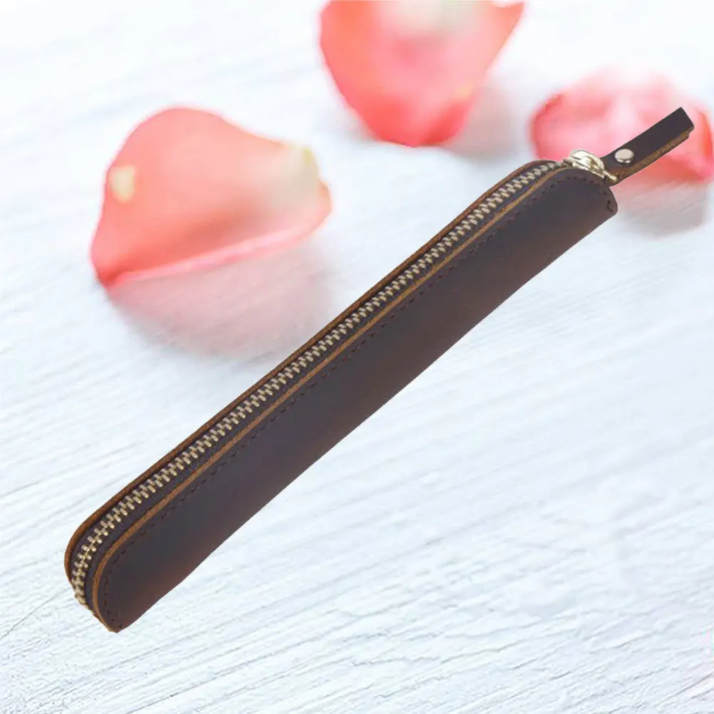 

Dark Brown Pen Pouch Snap Button Zipper Pen Holder Pencil Bag for Fountain Ballpoint Pens Sturdy
