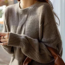 Autumn Winter Women's Long sleeved Monochrome Luxury Fashion Loose Large Round Neck Thickened Australian Wool Knitted Pullover