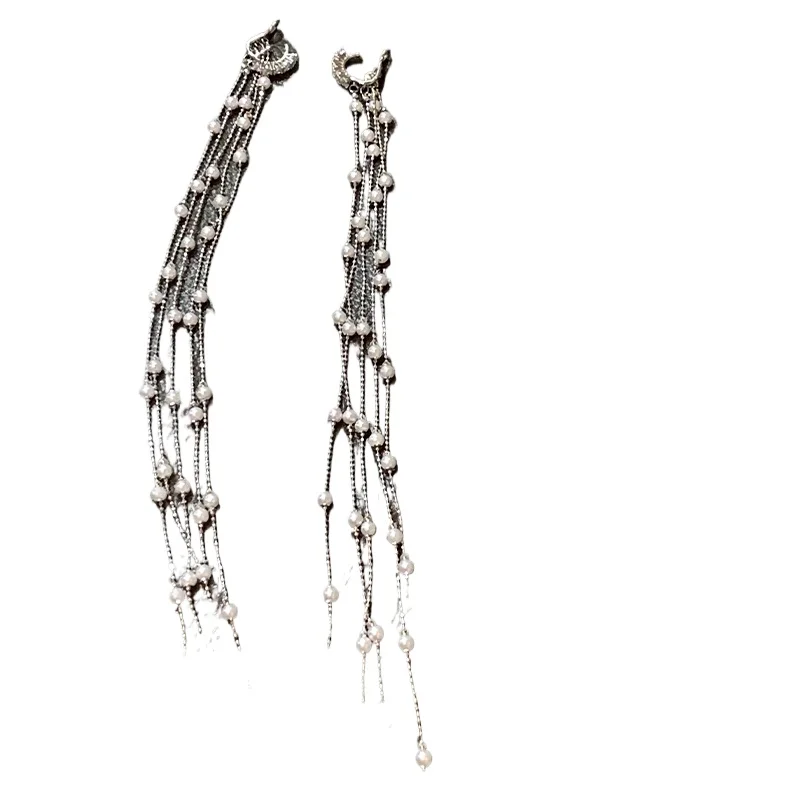 

Super fairy temperament pearl fringed earbone clip earrings simple temperament showing face thin earrings