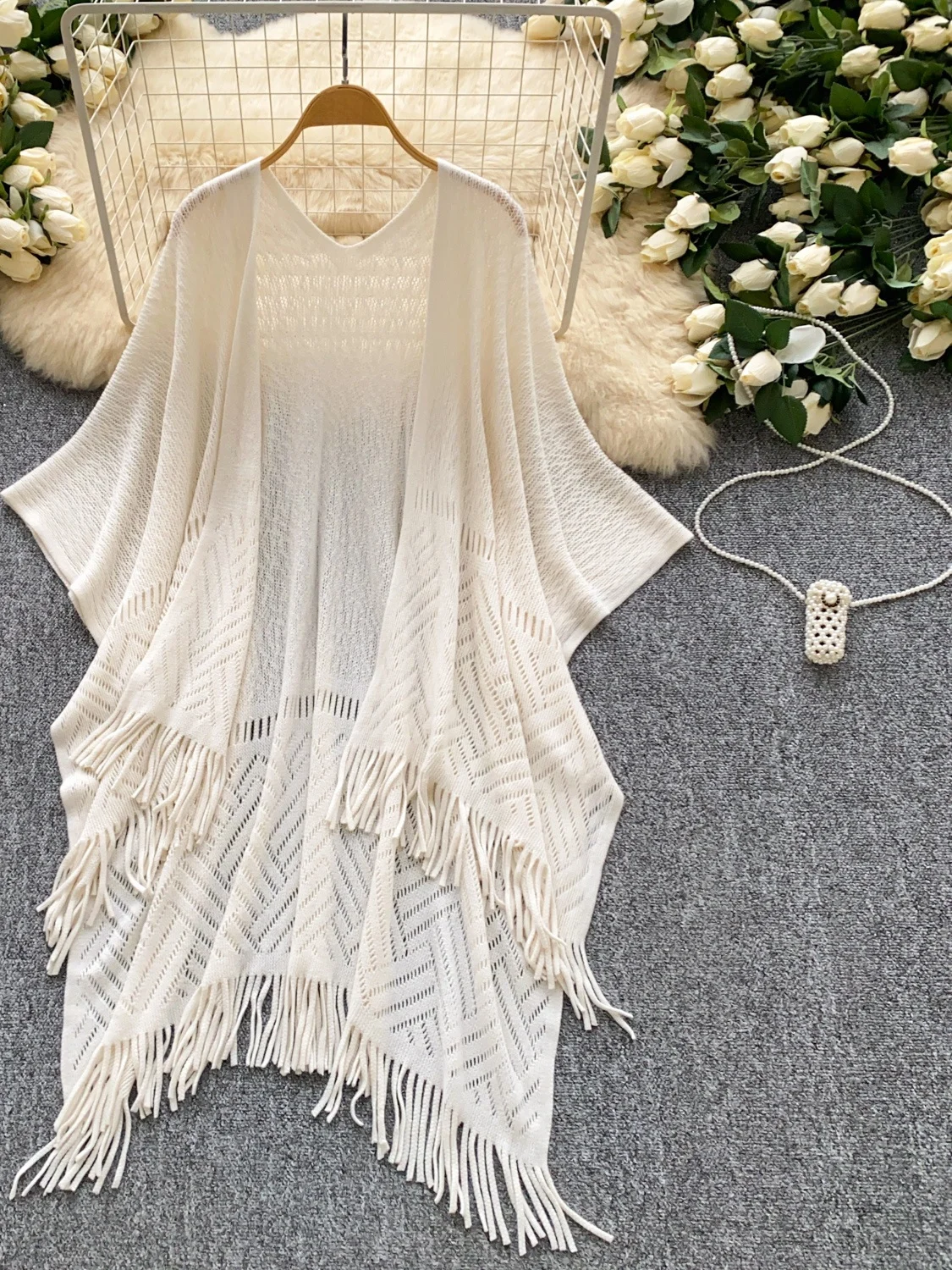 

Bohemian Style Open Cardigan Women's Loose Knitted Wrap Shoulder Hollow out Spring Summer Tassel Lightweight Versatile Slimmi...