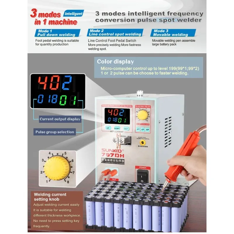 Máquina de soldadura por puntos de pulso de precisión de alta potencia, SUNKKO-3.8-kilowatt, 797DH, 18650 de espesor hasta 0,35mm