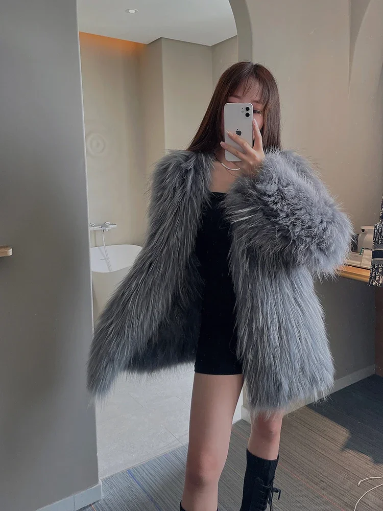 Raccoon Dog Fox Fur Double-sided Woven Real Fur Coat for Young Women Medium Length Fashion Jackets High Street Short Cardigan