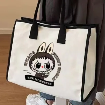 Labubu Cartoon Shoulder Bag Large Capacity Tote Canvas Bags Commuter All-in-one Art Bag Student Shoulder Bags Women's Casual Bag