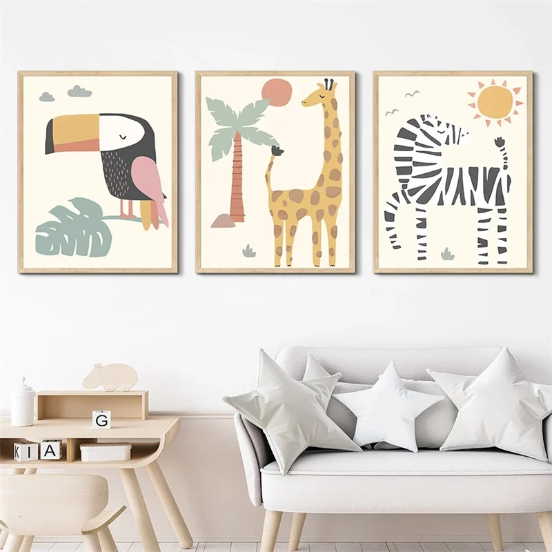 Nordic Cartoon Animals Posters Prints Elephant Giraffe Leopard Sloth Lion Canvas Painting Wall Art Picture Baby Kids Room Decor