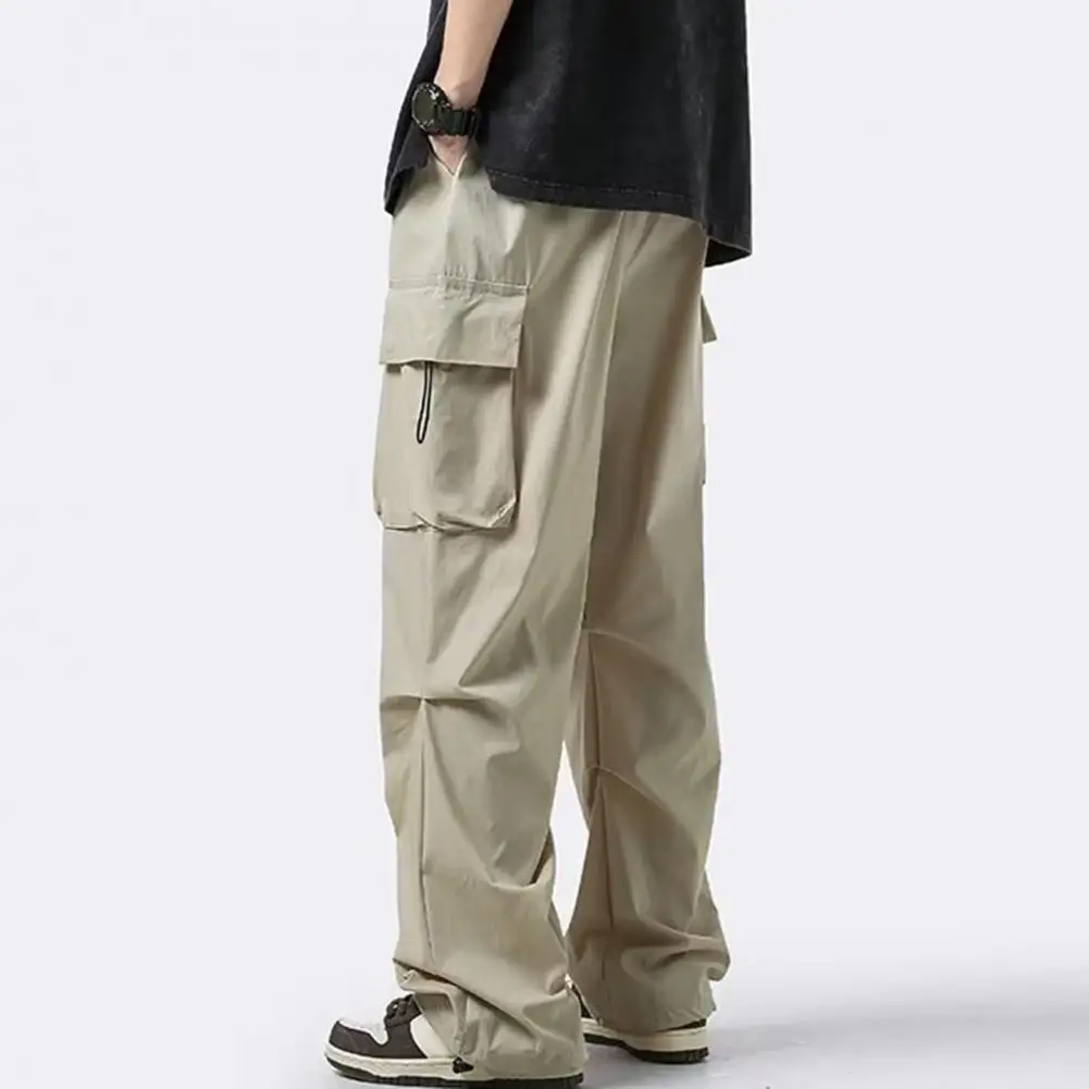 Men Straight Leg Pants Solid Color Men Pants Men's Multi-pocket Cargo Pants with Drawstring Detail Elastic Waist for Outdoor