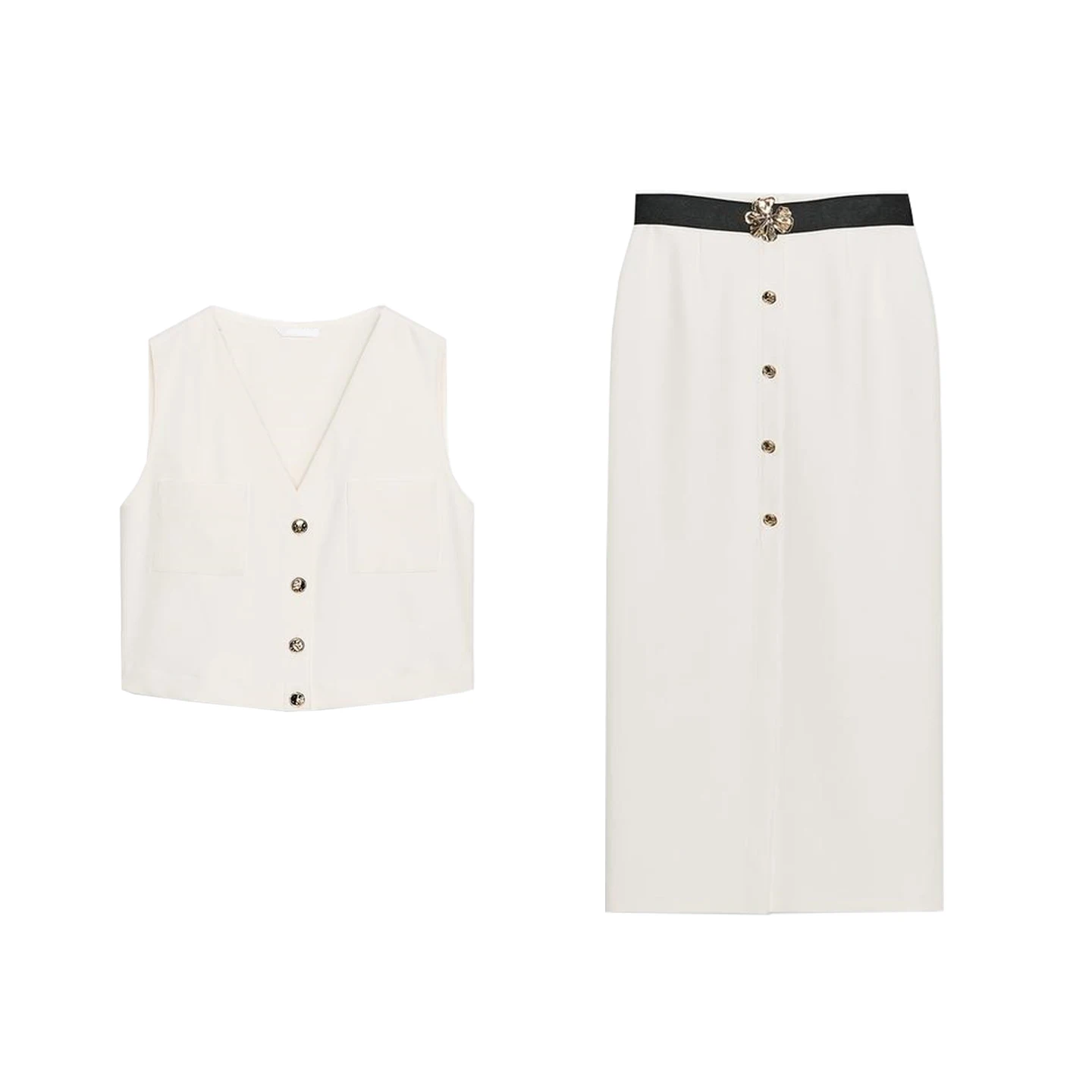

Comfortable Silk V-ne ort Top 389756 with Belt High Waist Midi Skirt 389704 Two-piece Set Buttoning Long Pants Summer 2025