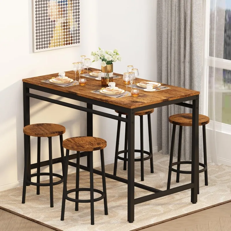 Bar Table Set, Kitchen Table and Chairs for 4, Industrial Counter Height Pub Dining Set with 4 Round Bar Stools Heavy Duty Metal