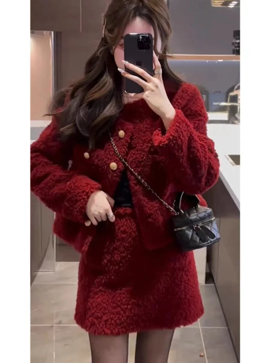 UNXX New Year Red Tweed-style Dress Set for Women, Winter 2023 New Trendy Autumn/winter Socialite Skirt Two-piece Set Fashion