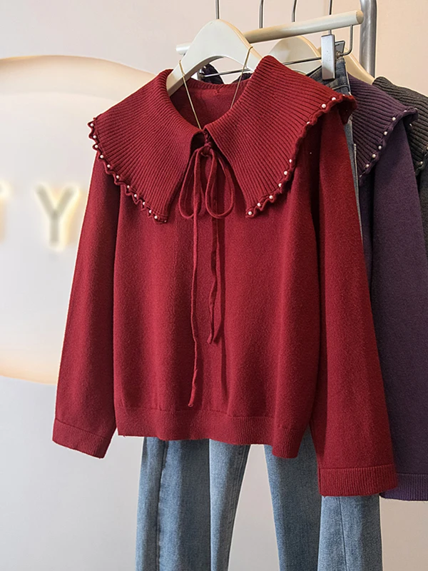 

Red Knitted Sweater Doll Collar Shoulder Length Women's Fashion Spring New plus Size Warmth Youthful Style Korean Loose Fit