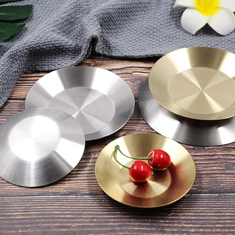 304 Stainless Steel Round Golden Plate Household Snack Soy Sauce Hot Pot Seasoning Dish Dipping Sauce Dish