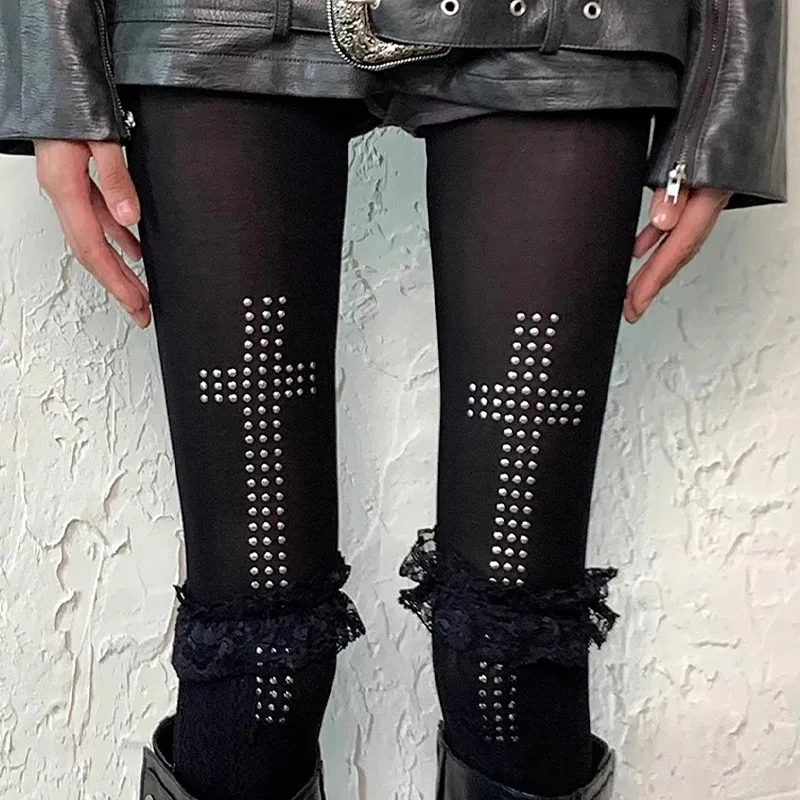 

2025 Sexy Y2K Black Silk Diamond Cross Stockings Women Gothic Hot Girl Party Shopping Bottom Socks Pantyhose Dark Tights Gifts