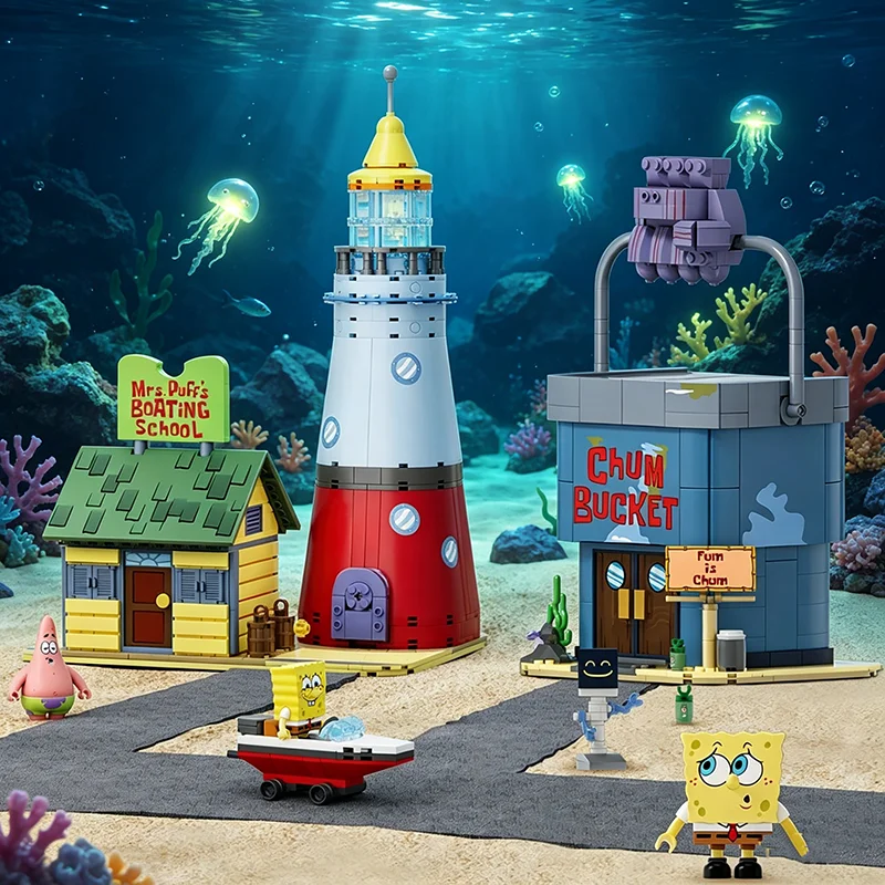

Bikini Bottom Cartoon Building Blocks Boat School Chum Bucket Scene Model Desktop Ornament Educational DIY Toy For Teens Gift