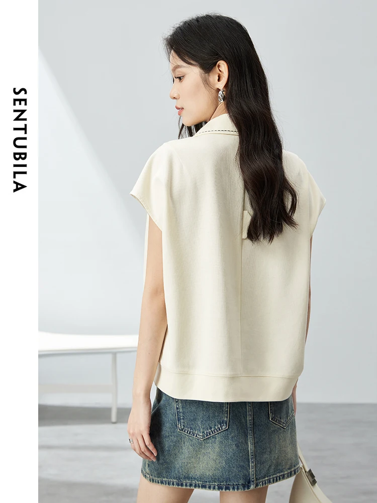 SENTUBILA Polo Collar Cropped Cotton T-shirt 2024 Summer Apricot Short Sleeve Tops For Woman Simple Loose Pullovers 142B54701