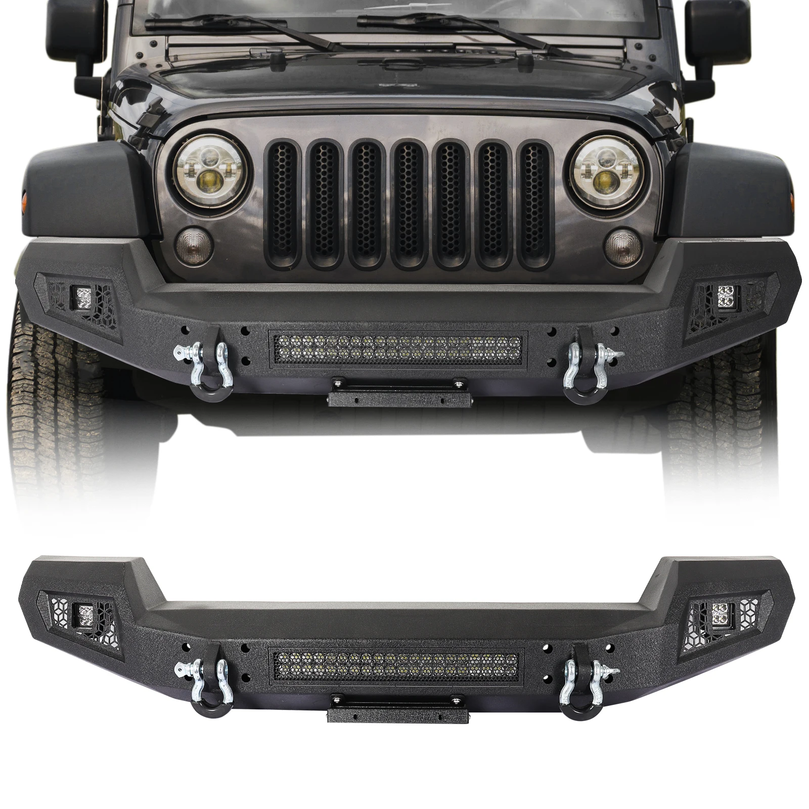 Climber Full Width Front Bumper w/D-Rings & LED Light for 07-18 Jeep Wrangler JK