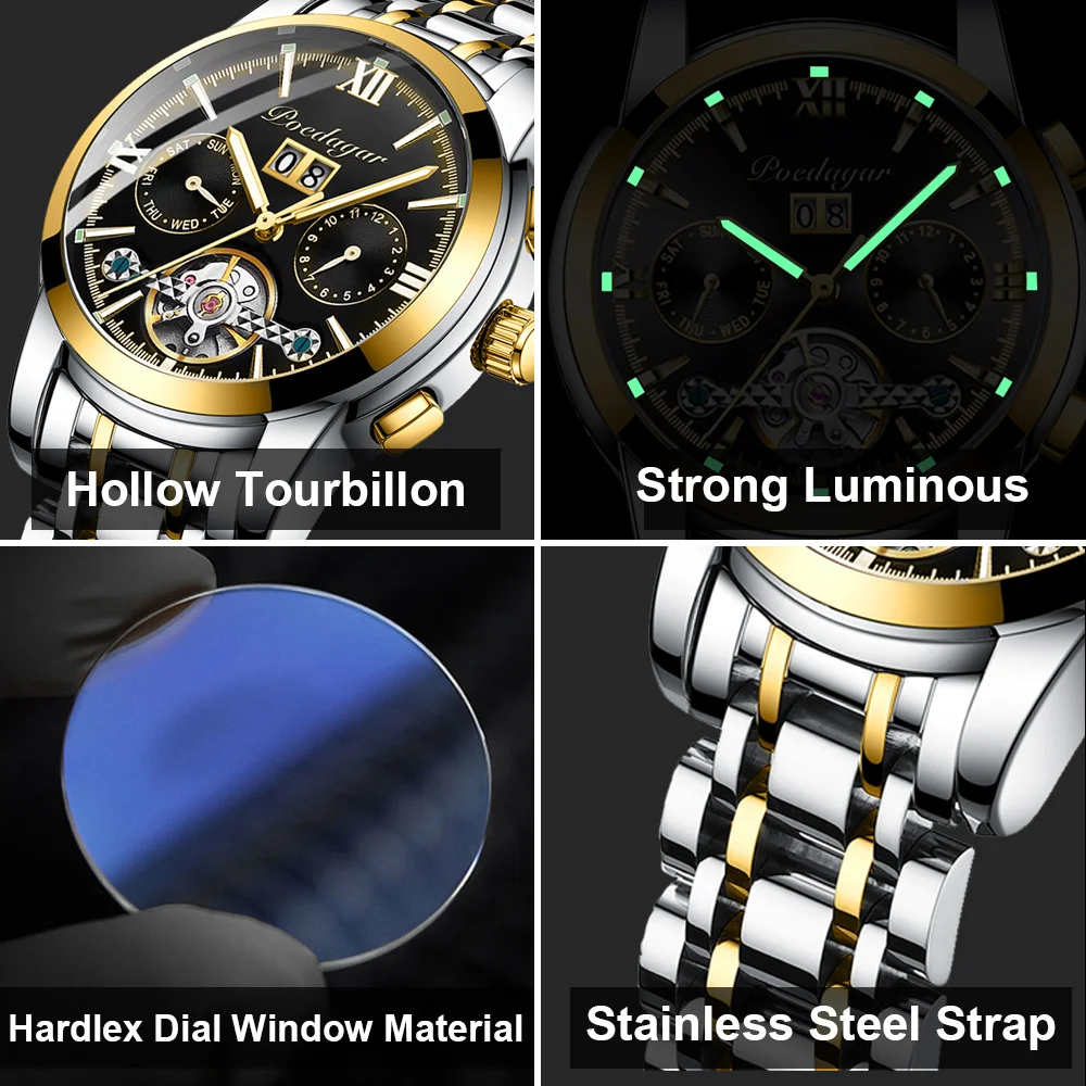 POEDAGAR reloj de pulsera mecánico automático para hombre, Tourbillon hueco, de acero inoxidable, resistente al agua, luminoso, con fecha