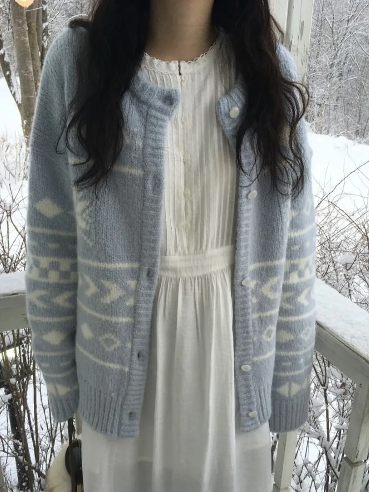 Blue Knitted Open Cardigan Women's Chic Winter Sweater Jaet Loose Fit Polyester Fiber Single Button Thiened Winter Outerwear